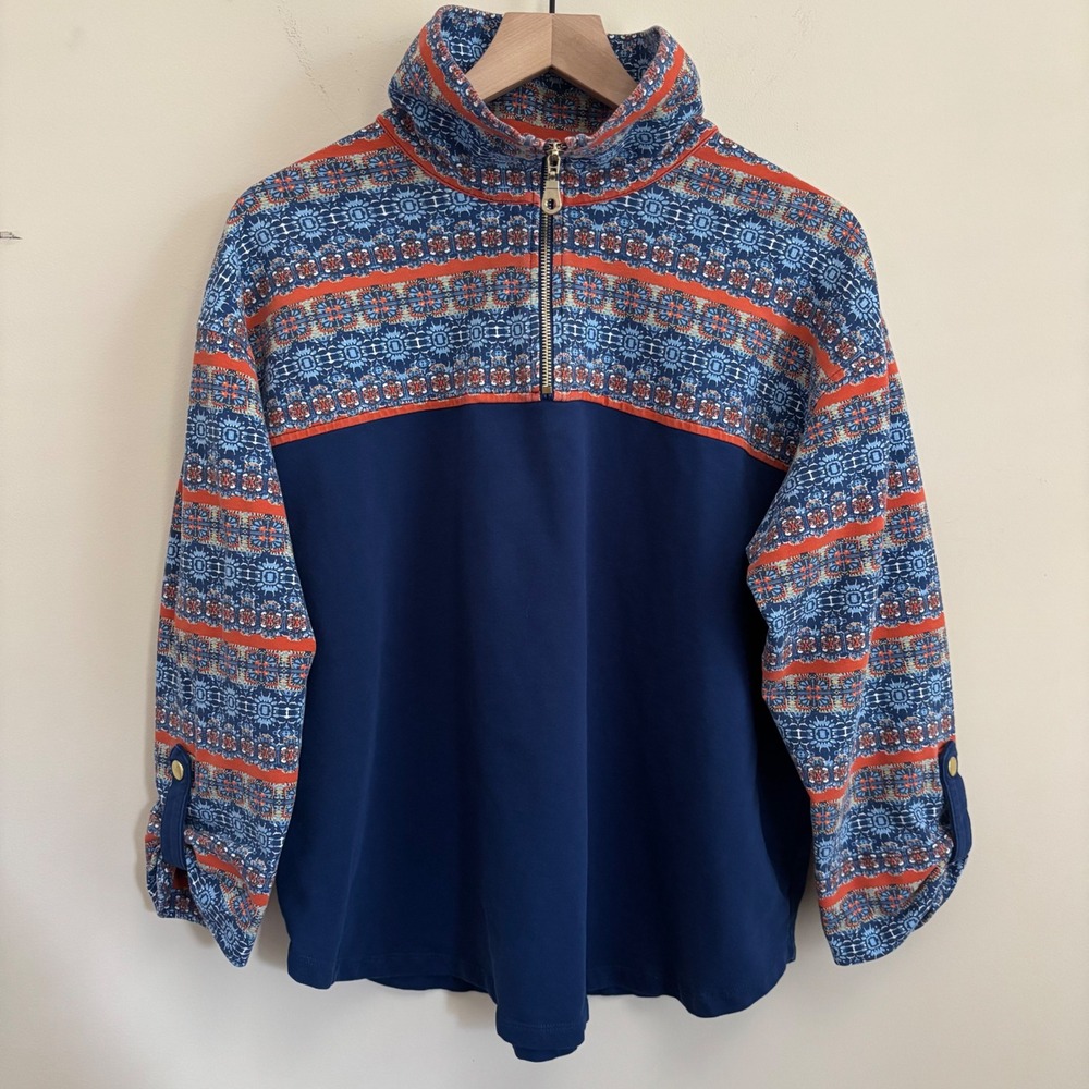 Ruby Rd Womens Large Quarter Zip Pullover Geometric Print Roll Tab Sleeve Navy